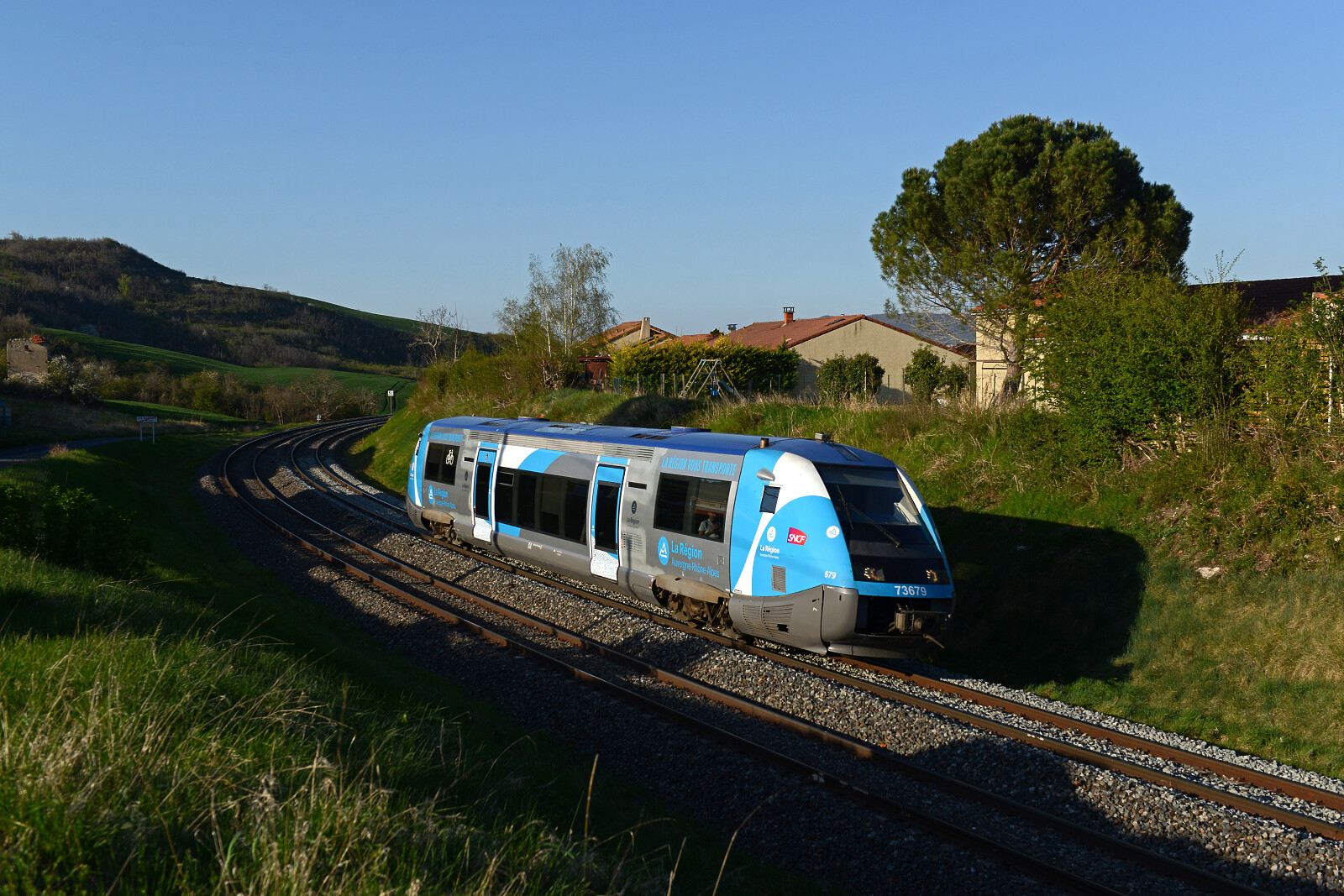 X 73679 of SNCF (Société Nationale des Chemins de fer Français) between Le Cendre Orcet and Les Martres-de-Veyre, France