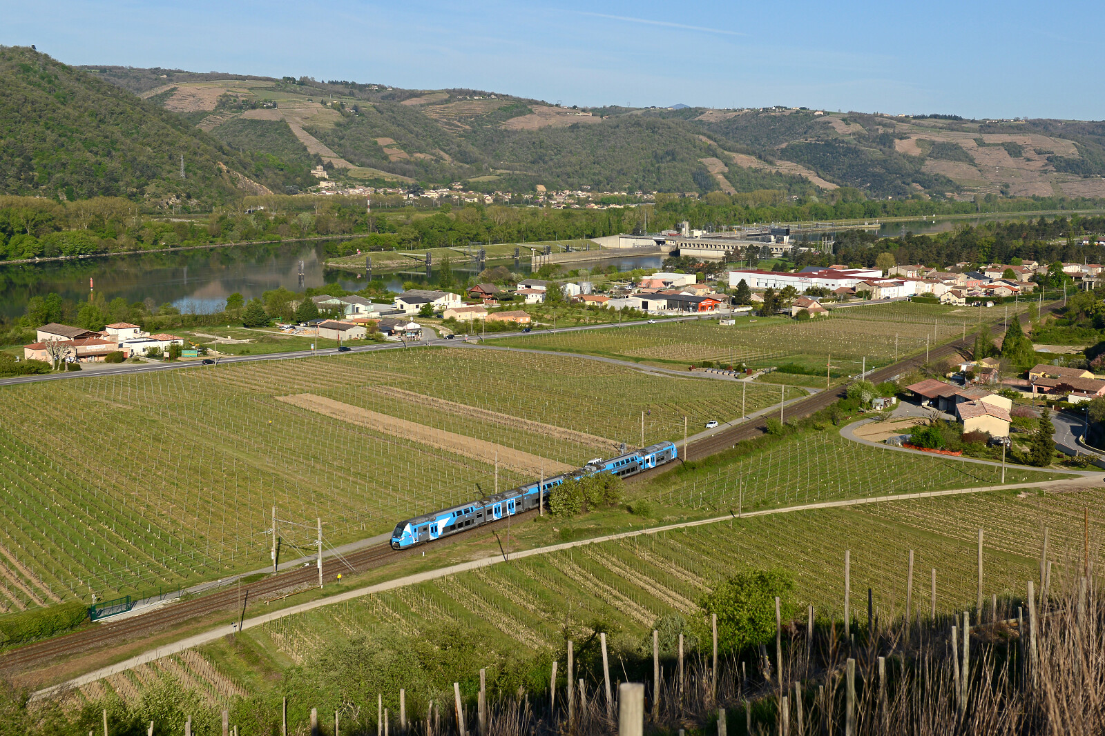 Z 56300 "Regio 2N" of SNCF (Société Nationale des Chemins de fer Français) between Saint-Vallier sur Rhône and Tain l'Hermitage Tournon, France