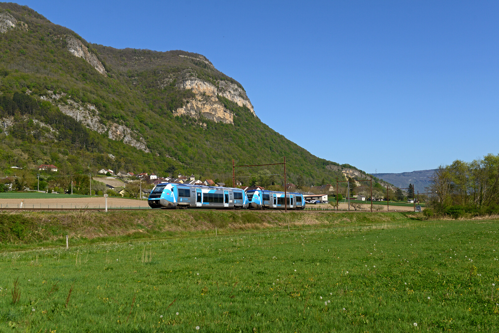 X 73643 of SNCF (Société Nationale des Chemins de fer Français) between Culoz and Virieu le Grand Belley, France