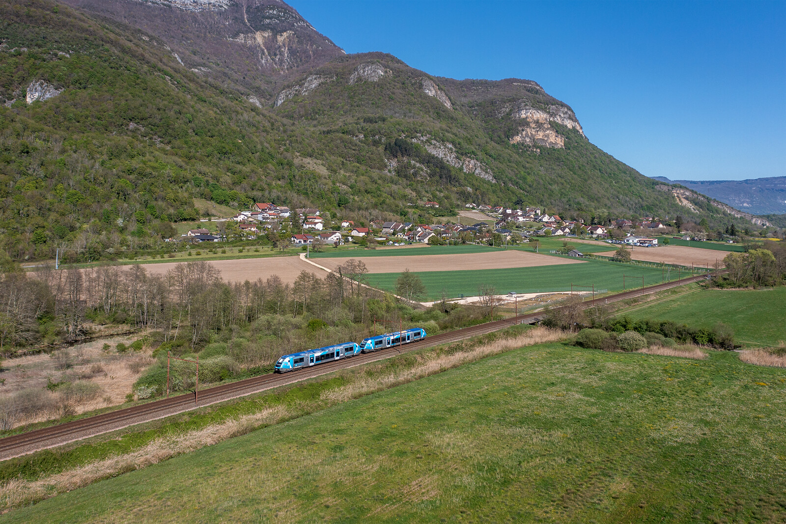 X 73643 of SNCF (Société Nationale des Chemins de fer Français) between Culoz and Virieu le Grand Belley, France