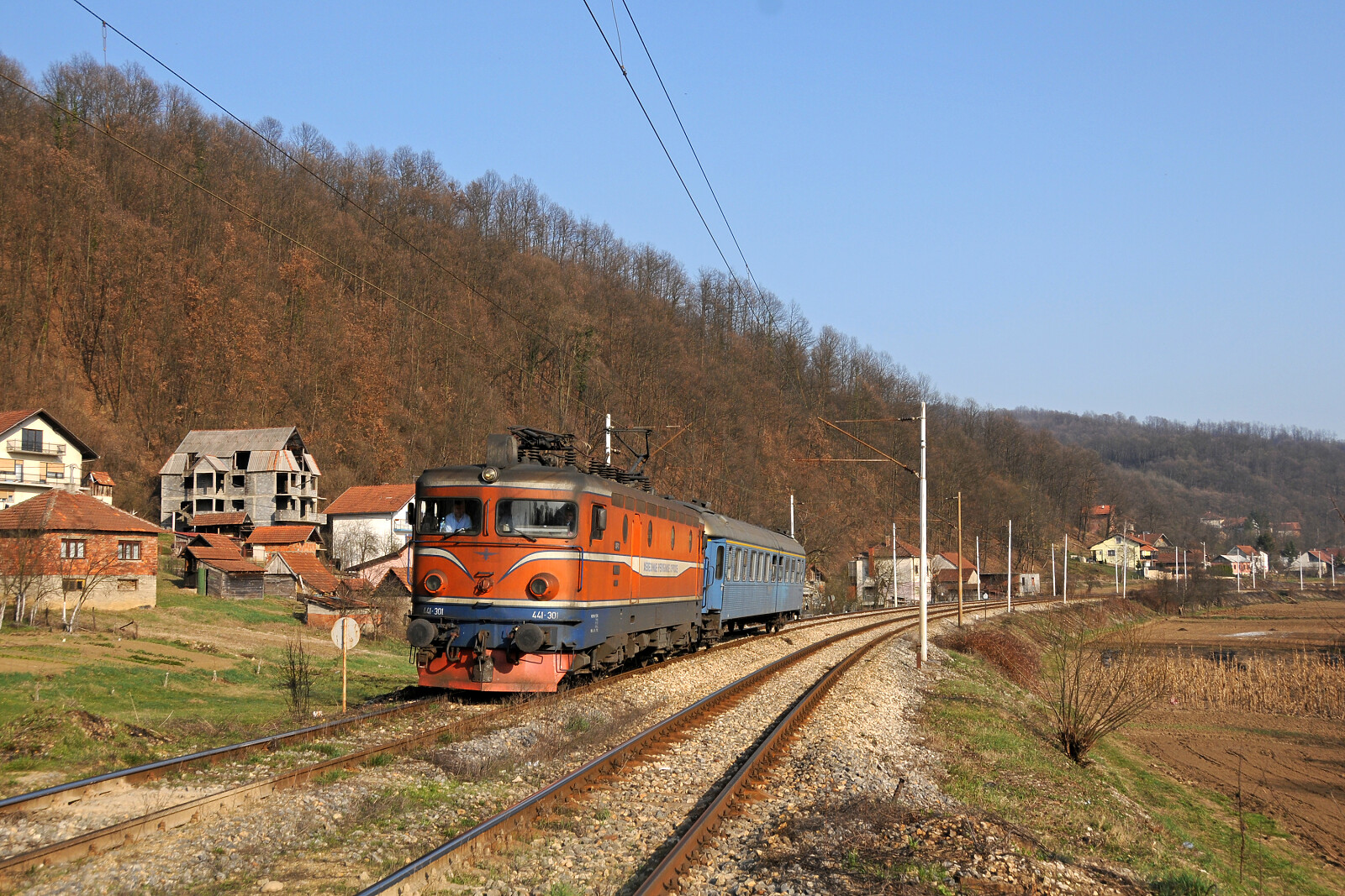 JŽ 441 301 of ŽRS (Željeznice Republike Srpske) between Doboj and Kostajnica, Bosnia and Herzegovina