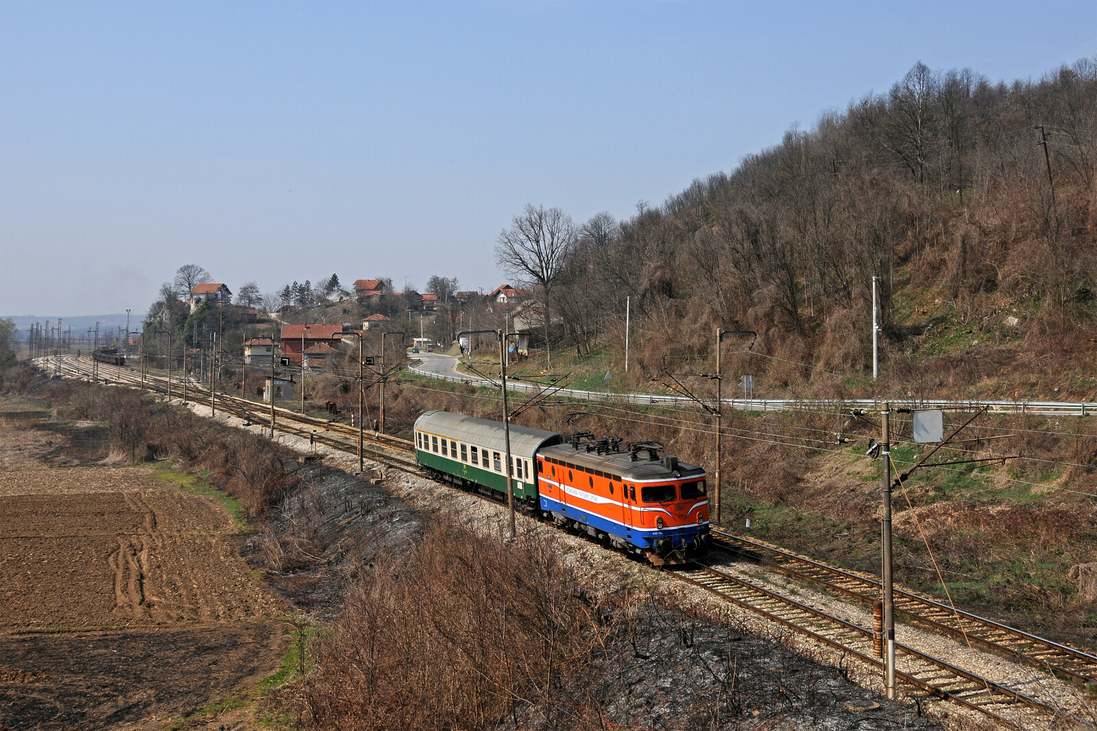 JŽ 441 114 of ŽRS (Željeznice Republike Srpske) between Doboj and Kostajnica, Bosnia and Herzegovina