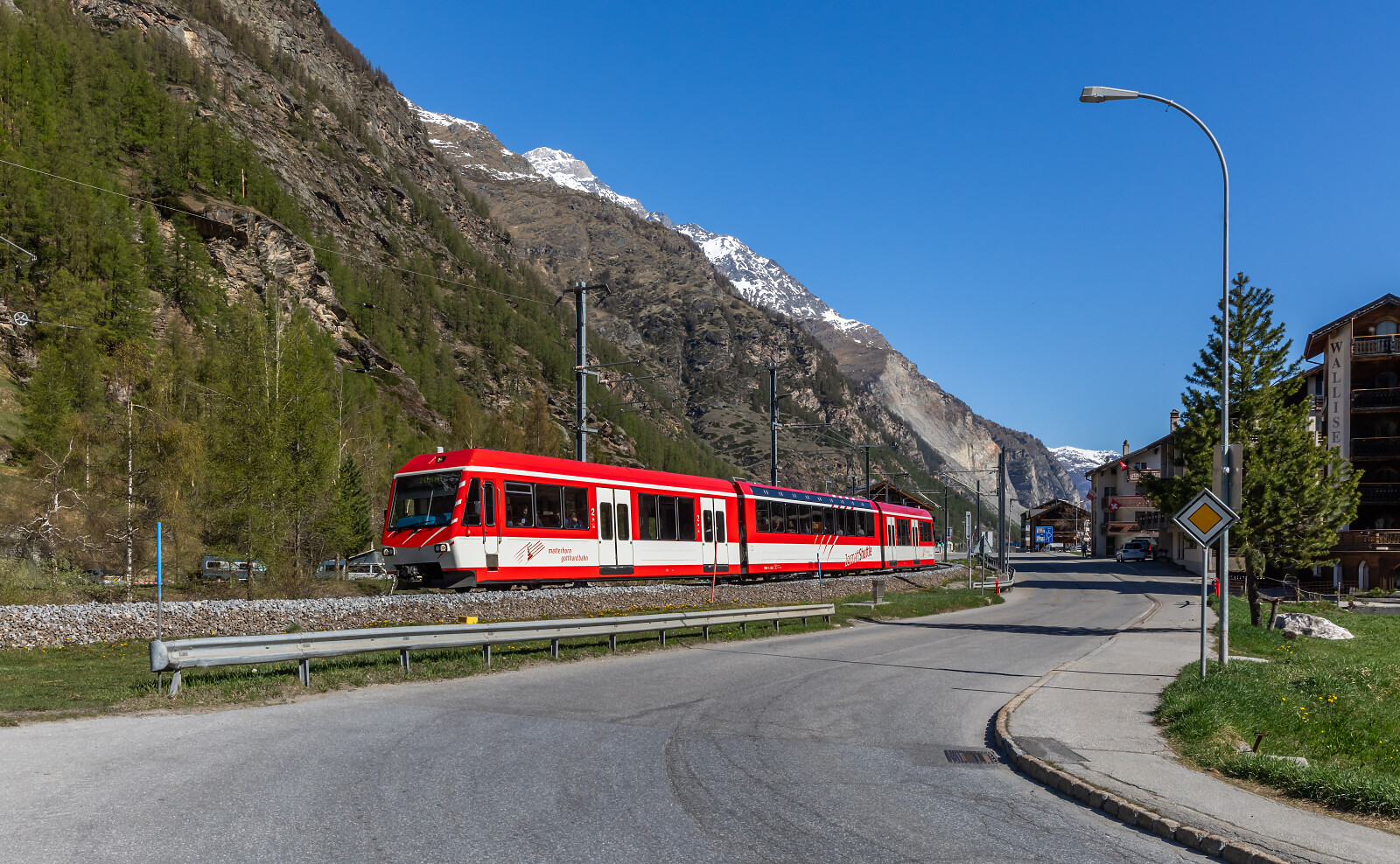 BDSeh 4/8 "Zermatt-Shuttle" 2052 of MGB (Matterhorn Gotthard Bahn) between Täsch and Zermatt, Switzerland
