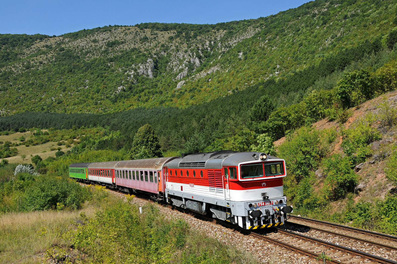 754 010 of ZSSK (Železničná spoločnosť Slovensko) between Jablonov nad Turňou and Lipovník, Slovakia