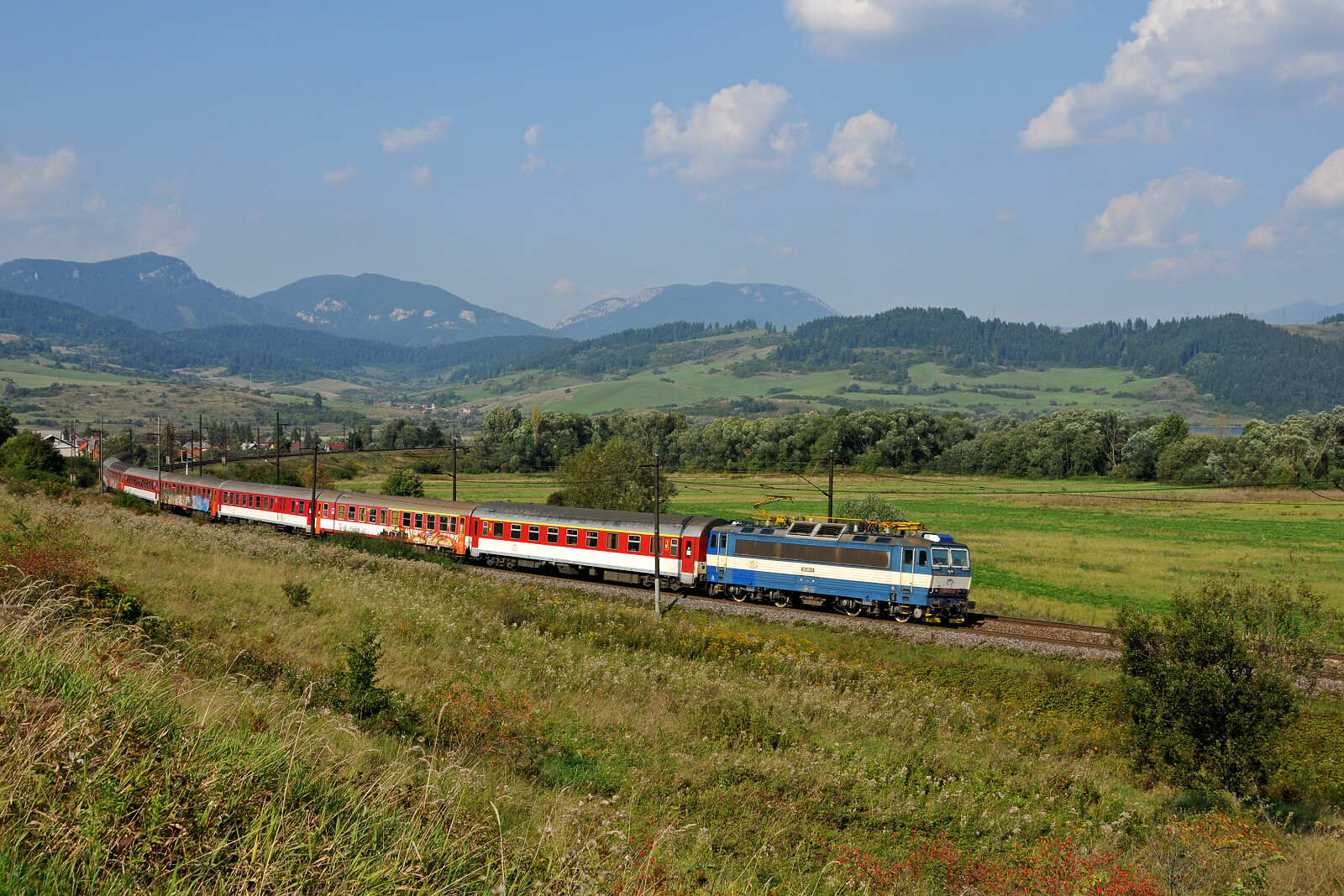362 001 of ZSSK (Železničná spoločnosť Slovensko) between Liptovská Teplá and Liptovské Vlachy, Slovakia