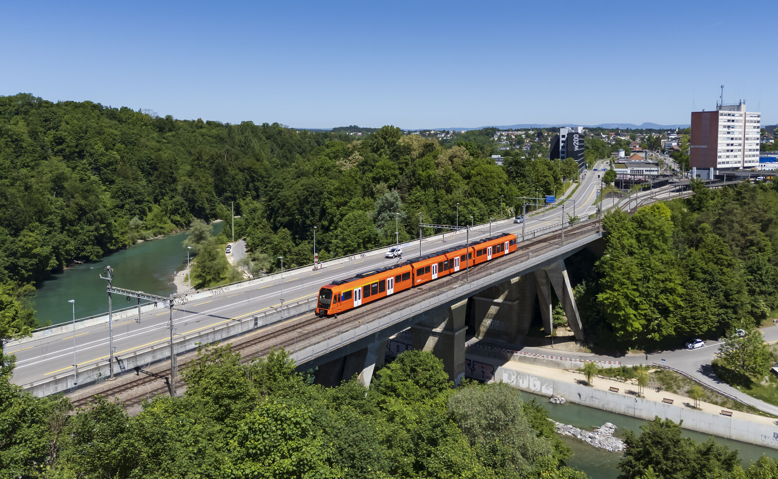 RABe 4/12 "NExT" of RBS (Regionalverkehr Bern-Solothurn) between Worblaufen and Bern Tiefenau, Switzerland
