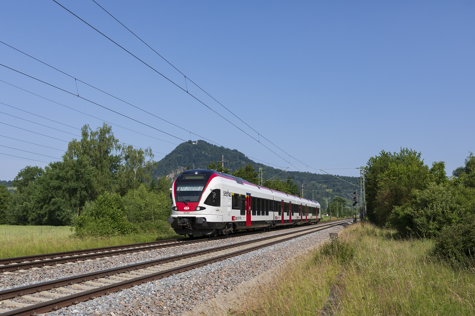RABe 521 203 of SBB (Schweizerische Bundesbahnen) between Welschingen-Neuhausen and Mühlhausen, Germany