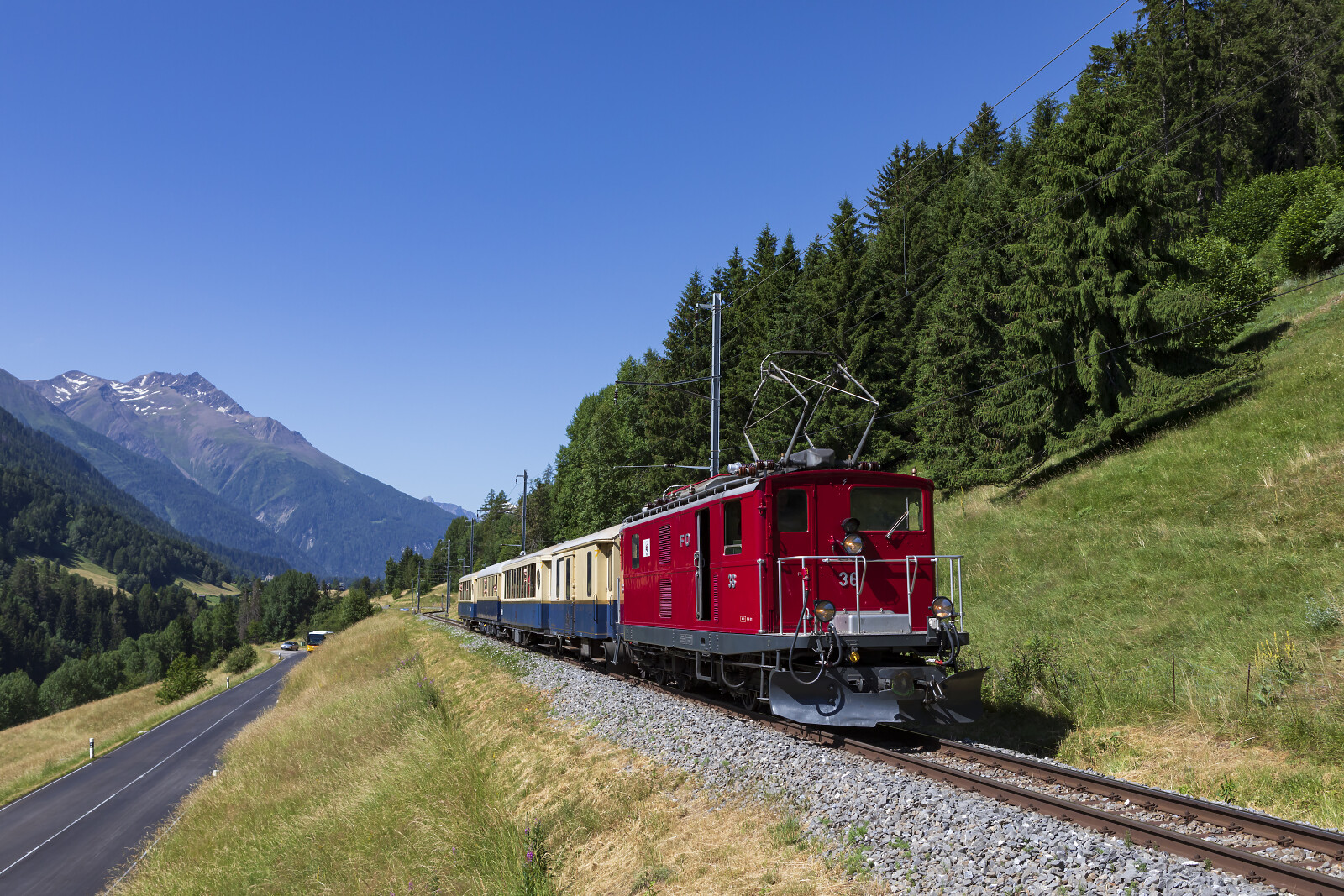 HGe 4/4 I 36 of MGB (Matterhorn Gotthard Bahn) between Niderwald and Fürgangen-Bellwald Talstation, Switzerland