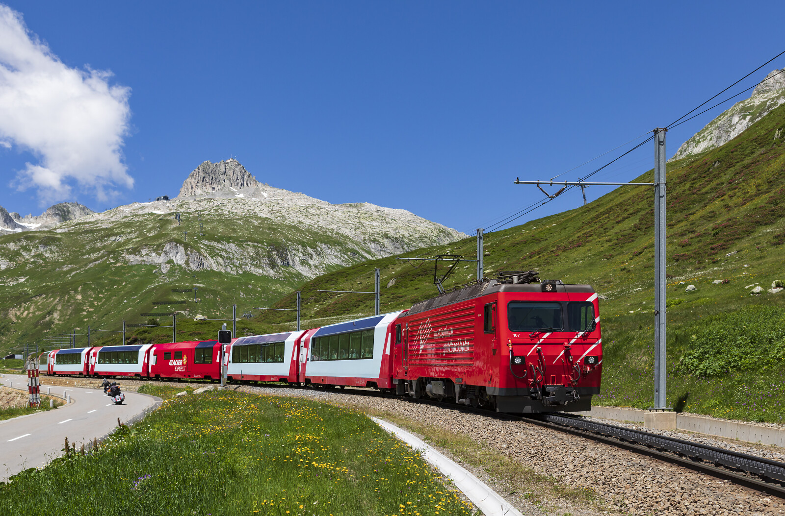 HGe 4/4 II 107 of MGB (Matterhorn Gotthard Bahn) between Oberalppass and Tschamut-Selva, Switzerland