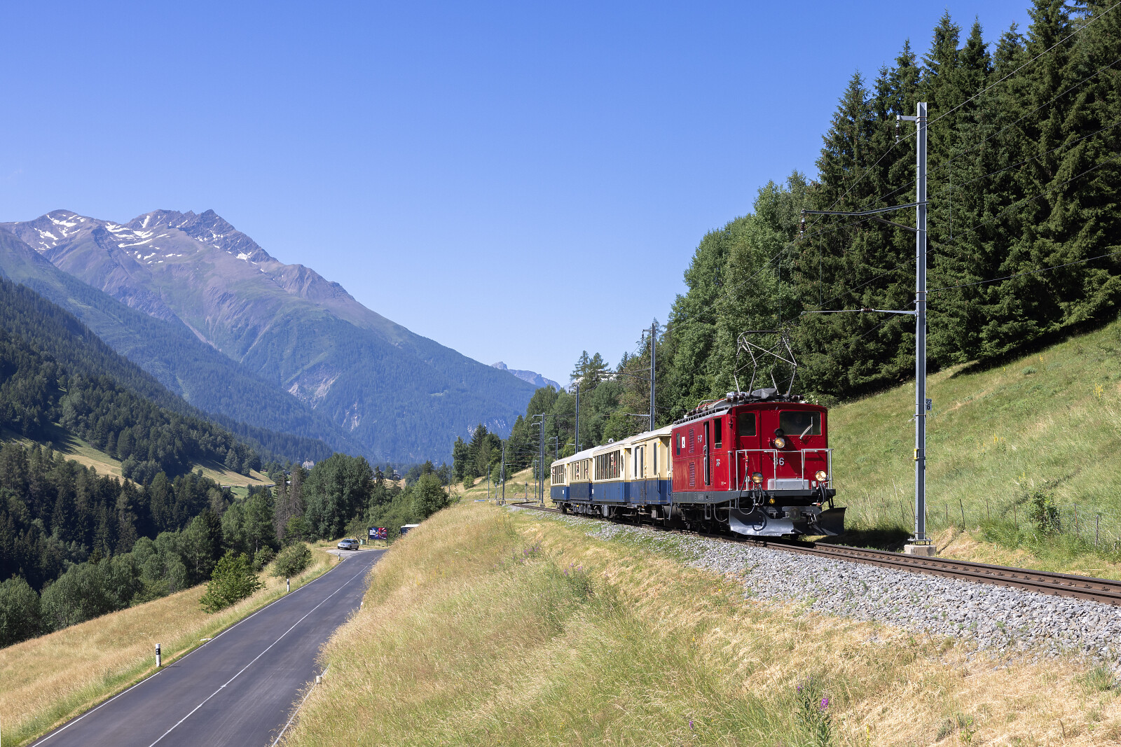 HGe 4/4 I 36 of MGB (Matterhorn Gotthard Bahn) between Niderwald and Fürgangen-Bellwald Talstation, Switzerland