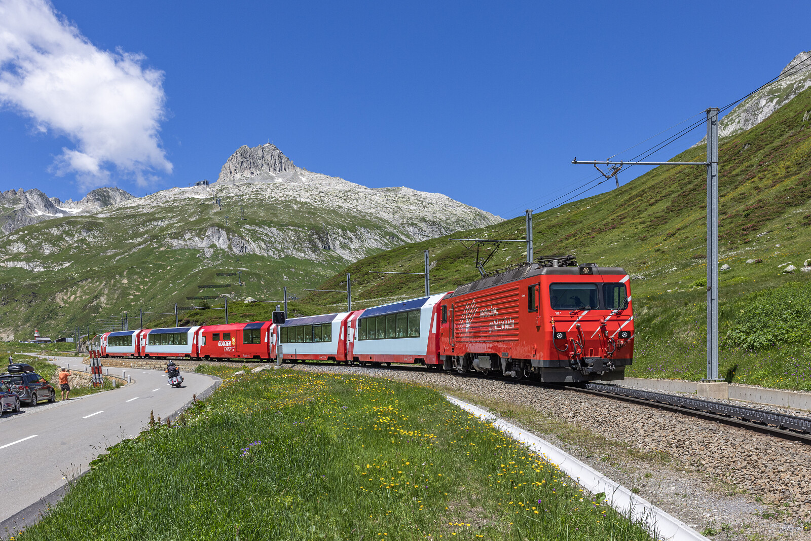 HGe 4/4 II 107 of MGB (Matterhorn Gotthard Bahn) between Oberalppass and Tschamut-Selva, Switzerland