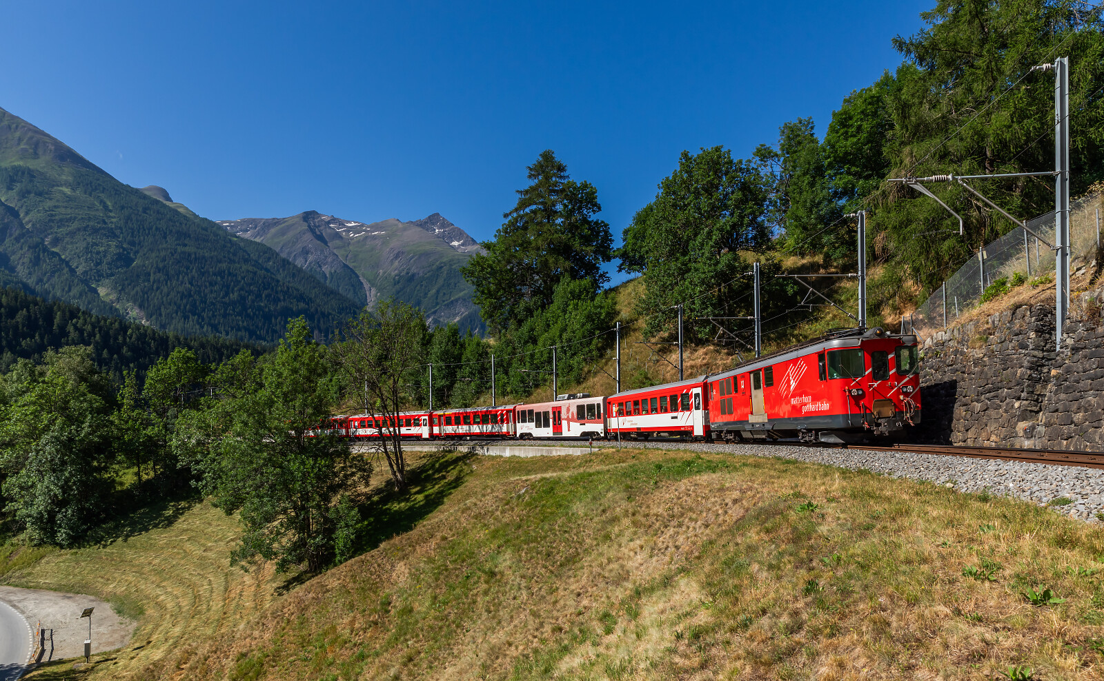 Deh 4/4 I 52 of MGB (Matterhorn Gotthard Bahn) between Lax and Fiesch Sport- & Feriencenter, Switzerland