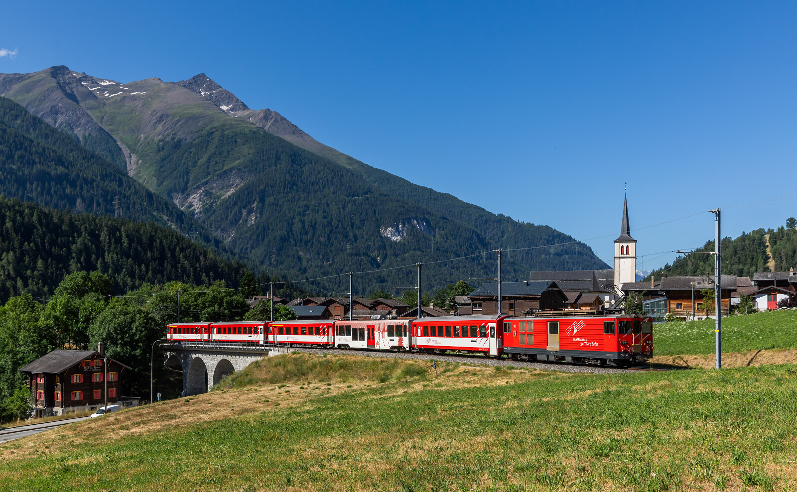 Deh 4/4 II 95 of MGB (Matterhorn Gotthard Bahn) between Fiesch Sport- & Feriencenter and Lax, Switzerland