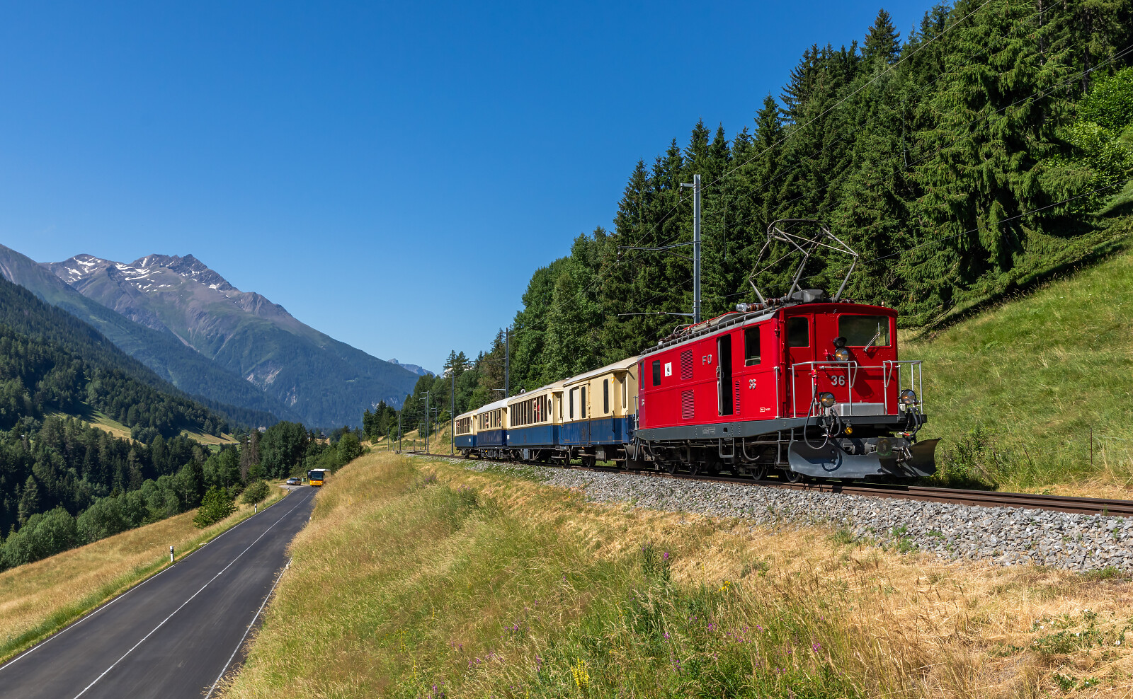 HGe 4/4 I 36 of MGB (Matterhorn Gotthard Bahn) between Fürgangen-Bellwald Talstation and Niderwald, Switzerland