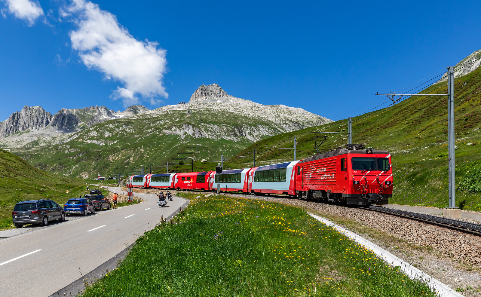 HGe 4/4 II 107 of MGB (Matterhorn Gotthard Bahn) between Oberalppass and Tschamut-Selva, Switzerland