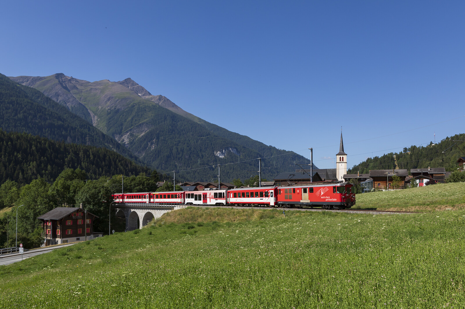 Deh 4/4 I 52 of MGB (Matterhorn Gotthard Bahn) between Lax and Fiesch Sport- & Feriencenter, Switzerland
