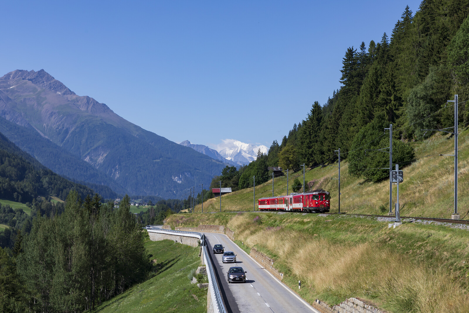 Deh 4/4 I 52 of MGB (Matterhorn Gotthard Bahn) between Fürgangen-Bellwald Talstation and Niederwald, Switzerland