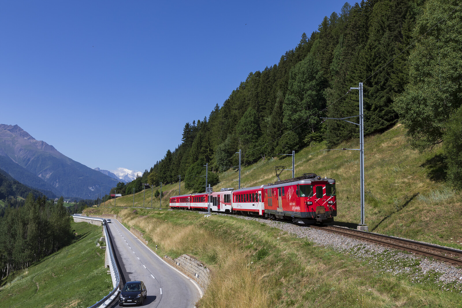 Deh 4/4 I 52 of MGB (Matterhorn Gotthard Bahn) between Fürgangen-Bellwald Talstation and Niederwald, Switzerland
