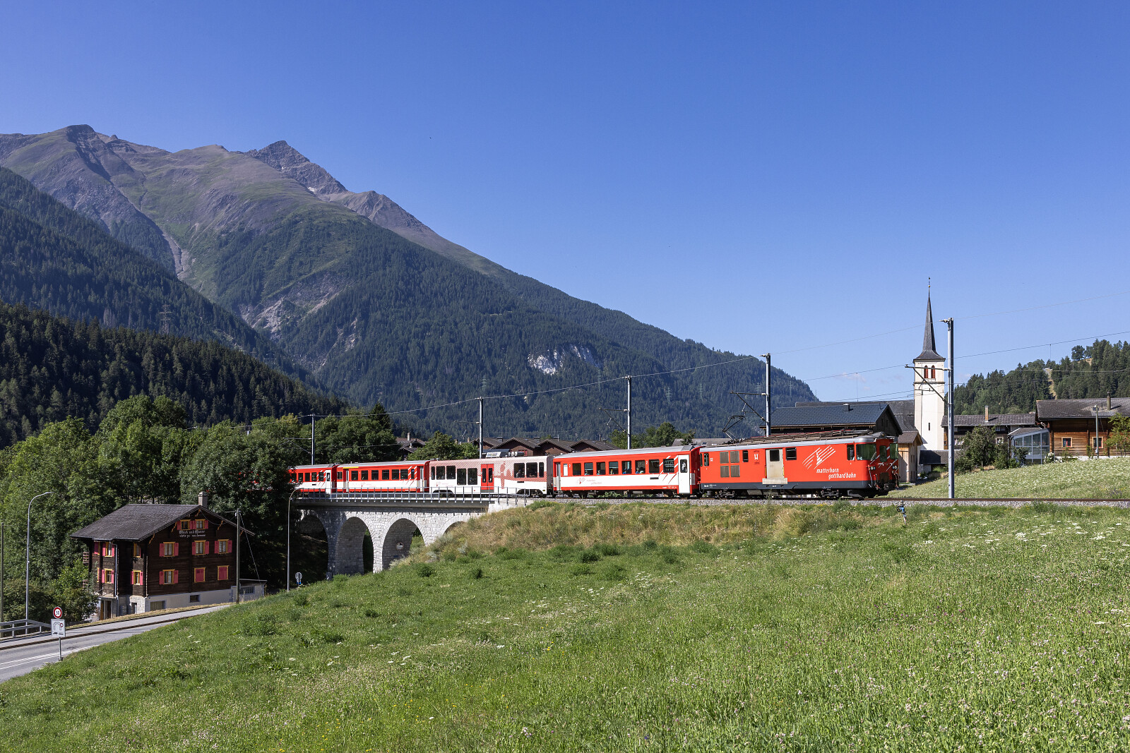 Deh 4/4 I 52 of MGB (Matterhorn Gotthard Bahn) between Lax and Fiesch Sport- & Feriencenter, Switzerland